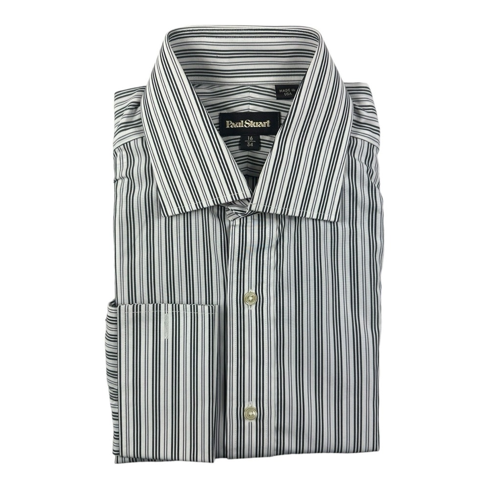 Paul Stuart White Gray Black Striped Cotton Mens Button Front Size 16/34 NWT 228